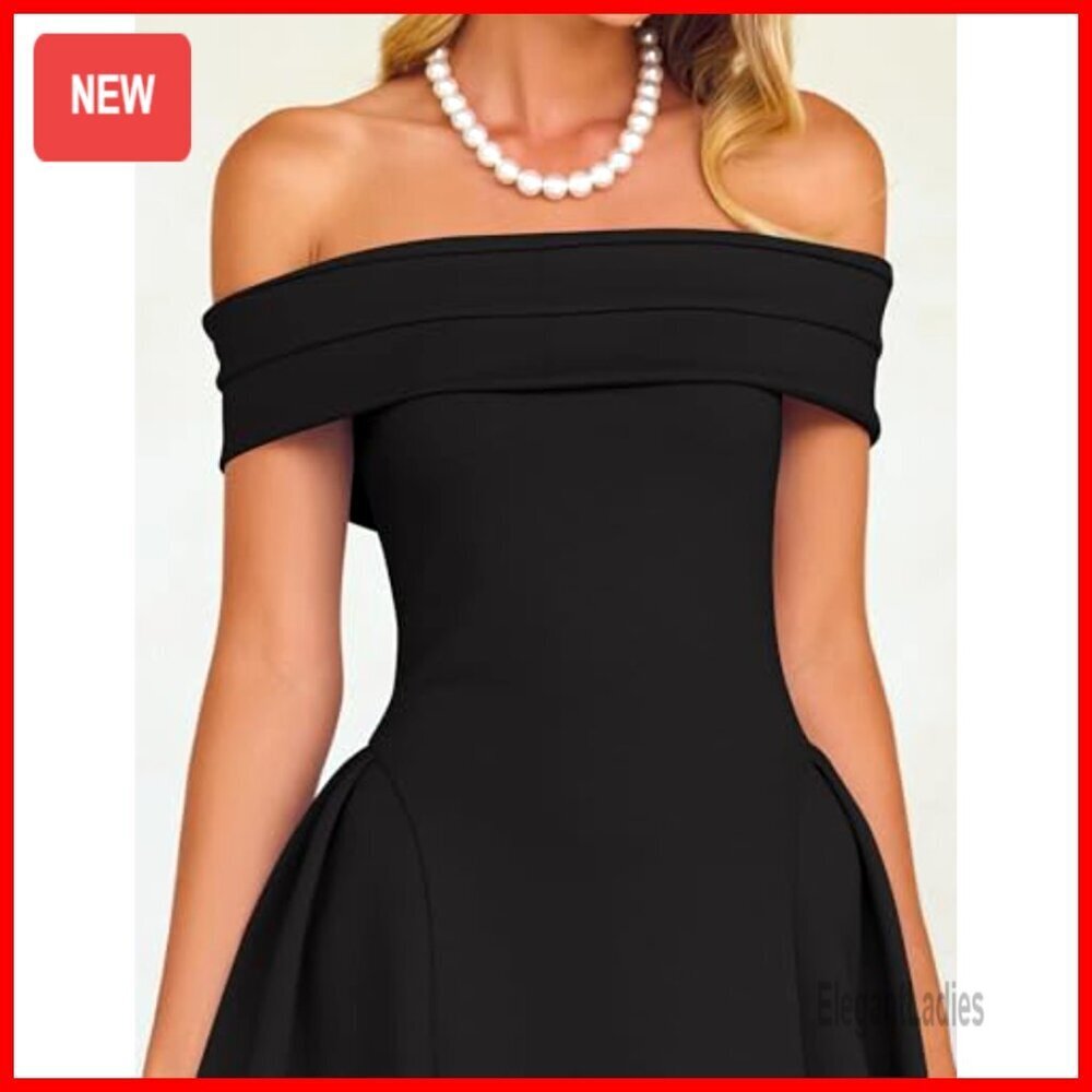 Off Shoulder Short Sleeve Midi Dress Formal Evening Party Swing A Line - Picture 5 of 7
